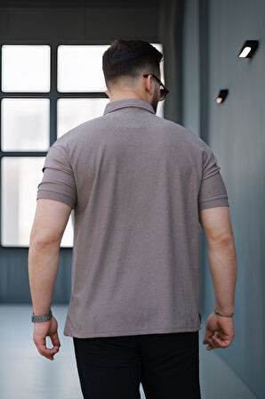 Likralı Örme Yarım Fermuar Polo Yaka Erkek Tişört - Kahve