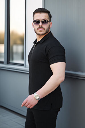 Likralı Örme Yarım Fermuar Polo Yaka Erkek Tişört - Siyah