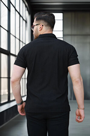 Likralı Örme Yarım Fermuar Polo Yaka Erkek Tişört - Siyah