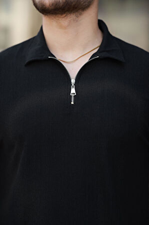 Likralı Örme Yarım Fermuar Polo Yaka Erkek Tişört - Siyah