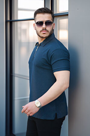 Likralı Örme Yarım Fermuar Polo Yaka Erkek Tişört - Lacivert