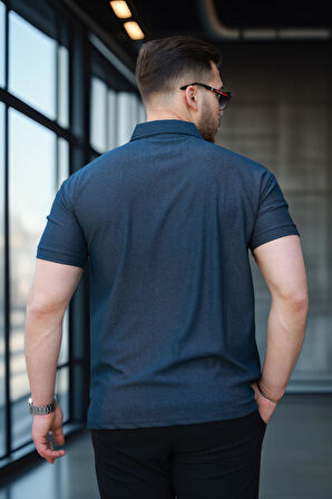 Likralı Örme Yarım Fermuar Polo Yaka Erkek Tişört - Lacivert