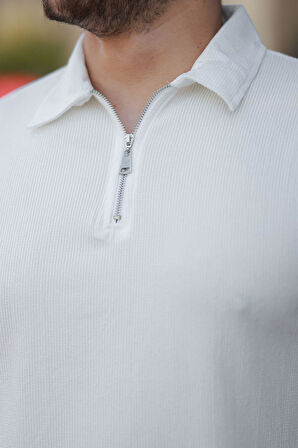 Likralı Örme Yarım Fermuar Polo Yaka Erkek Tişört - Ekru