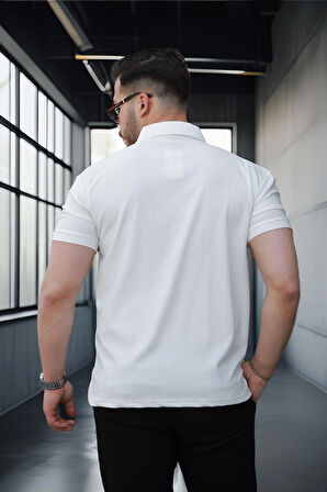 Likralı Örme Yarım Fermuar Polo Yaka Erkek Tişört - Ekru