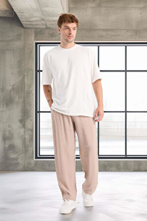 Modal Kumaş Rahat Kalıp Düz Paça Jogger Erkek Pantolon - Bej