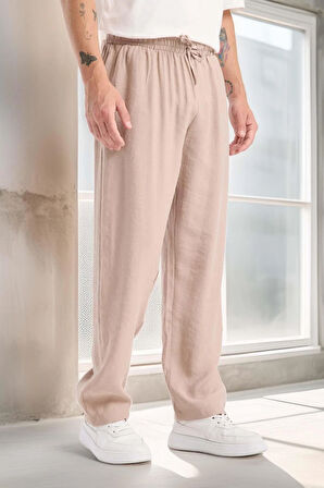 Modal Kumaş Rahat Kalıp Düz Paça Jogger Erkek Pantolon - Bej