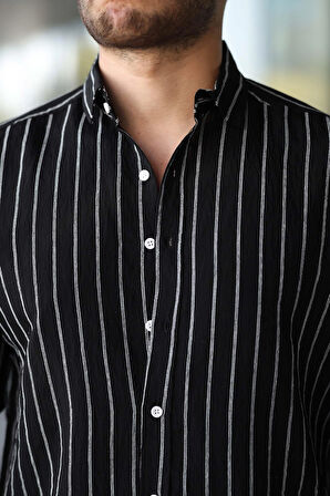Scorsese Çizgili Relaxed Fit Erkek Gömlek - Siyah
