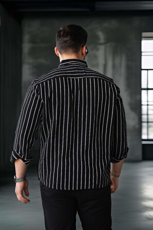 Scorsese Çizgili Relaxed Fit Erkek Gömlek - Siyah