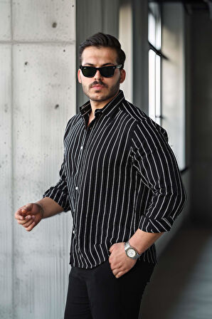 Scorsese Çizgili Relaxed Fit Erkek Gömlek - Siyah