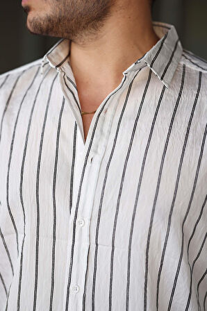 Scorsese Çizgili Relaxed Fit Erkek Gömlek - Beyaz