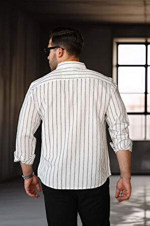 Scorsese Çizgili Relaxed Fit Erkek Gömlek - Beyaz