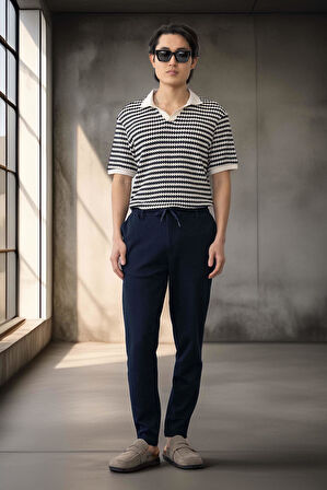 Akira Örme Pike Kumaş Beli Lastikli Fermuarlı Erkek Pantolon - Lacivert