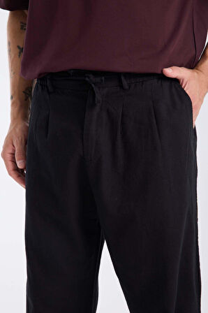 Bergman Keten Görünümlü Pamuklu Flamlı Rahat Kalıp Pileli Erkek Pantolon - Siyah