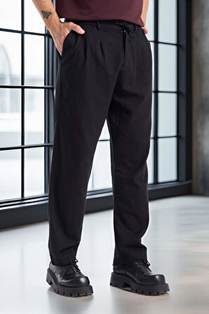 Bergman Keten Görünümlü Pamuklu Flamlı Rahat Kalıp Pileli Erkek Pantolon - Siyah