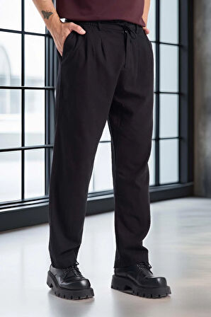 Bergman Keten Görünümlü Pamuklu Flamlı Rahat Kalıp Pileli Erkek Pantolon - Siyah