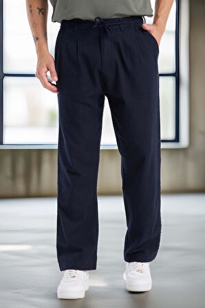 Bergman Keten Görünümlü Pamuklu Flamlı Rahat Kalıp Pileli Erkek Pantolon - Lacivert