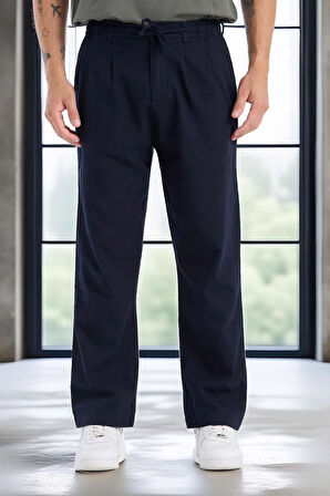 Bergman Keten Görünümlü Pamuklu Flamlı Rahat Kalıp Pileli Erkek Pantolon - Lacivert