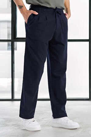 Bergman Keten Görünümlü Pamuklu Flamlı Rahat Kalıp Pileli Erkek Pantolon - Lacivert