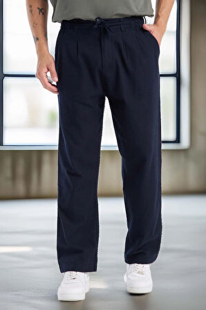 Bergman Keten Görünümlü Pamuklu Flamlı Rahat Kalıp Pileli Erkek Pantolon - Lacivert