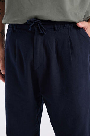 Bergman Keten Görünümlü Pamuklu Flamlı Rahat Kalıp Pileli Erkek Pantolon - Lacivert