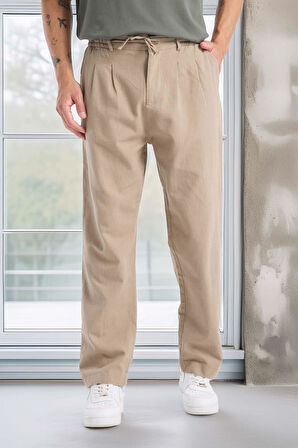 Bergman Keten Görünümlü Pamuklu Flamlı Rahat Kalıp Pileli Erkek Pantolon - Kum Beji