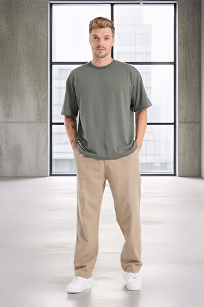 Bergman Keten Görünümlü Pamuklu Flamlı Rahat Kalıp Pileli Erkek Pantolon - Kum Beji