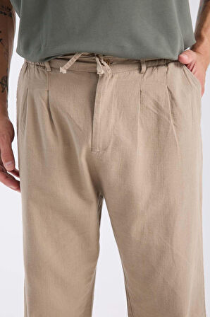 Bergman Keten Görünümlü Pamuklu Flamlı Rahat Kalıp Pileli Erkek Pantolon - Kum Beji
