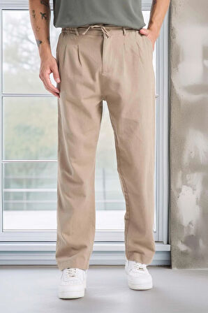 Bergman Keten Görünümlü Pamuklu Flamlı Rahat Kalıp Pileli Erkek Pantolon - Kum Beji