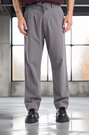 Bergman Keten Görünümlü Pamuklu Flamlı Rahat Kalıp Pileli Erkek Pantolon - Füme