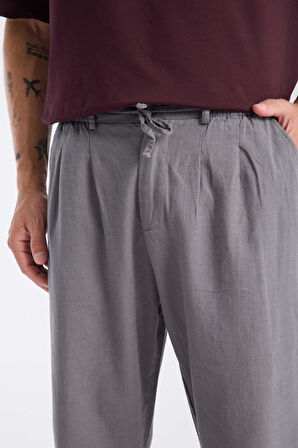 Bergman Keten Görünümlü Pamuklu Flamlı Rahat Kalıp Pileli Erkek Pantolon - Füme
