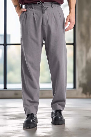 Bergman Keten Görünümlü Pamuklu Flamlı Rahat Kalıp Pileli Erkek Pantolon - Füme