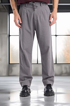 Bergman Keten Görünümlü Pamuklu Flamlı Rahat Kalıp Pileli Erkek Pantolon - Füme