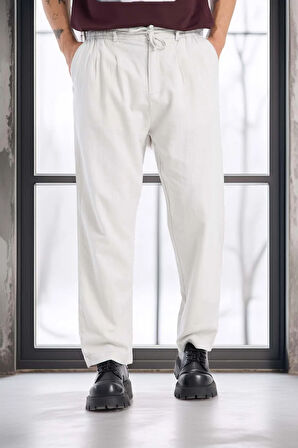 Bergman Keten Görünümlü Pamuklu Flamlı Rahat Kalıp Pileli Erkek Pantolon - Ekru