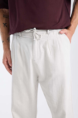 Bergman Keten Görünümlü Pamuklu Flamlı Rahat Kalıp Pileli Erkek Pantolon - Ekru