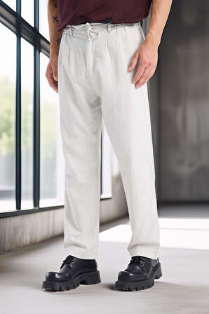 Bergman Keten Görünümlü Pamuklu Flamlı Rahat Kalıp Pileli Erkek Pantolon - Ekru