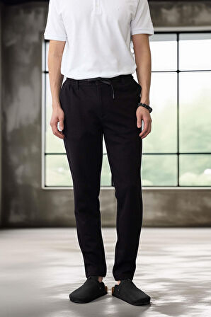 Akira Örme Pike Kumaş Beli Lastikli Fermuarlı Erkek Pantolon - Siyah