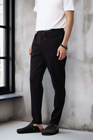 Akira Örme Pike Kumaş Beli Lastikli Fermuarlı Erkek Pantolon - Siyah