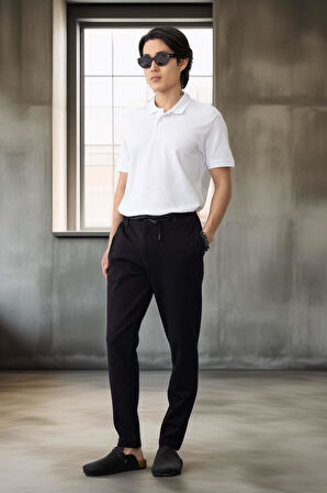 Akira Örme Pike Kumaş Beli Lastikli Fermuarlı Erkek Pantolon - Siyah