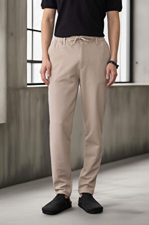 Akira Örme Pike Kumaş Beli Lastikli Fermuarlı Erkek Pantolon - Bej