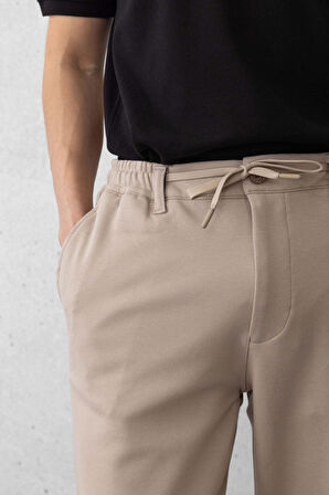 Akira Örme Pike Kumaş Beli Lastikli Fermuarlı Erkek Pantolon - Bej