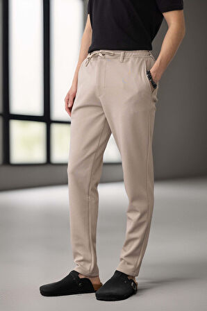 Akira Örme Pike Kumaş Beli Lastikli Fermuarlı Erkek Pantolon - Bej
