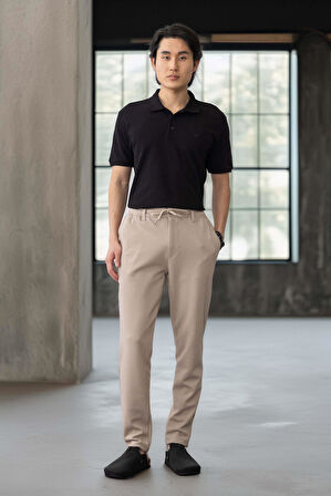 Akira Örme Pike Kumaş Beli Lastikli Fermuarlı Erkek Pantolon - Bej