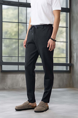 Akira Örme Pike Kumaş Beli Lastikli Fermuarlı Erkek Pantolon - Koyu Gri