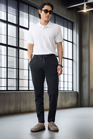 Akira Örme Pike Kumaş Beli Lastikli Fermuarlı Erkek Pantolon - Koyu Gri