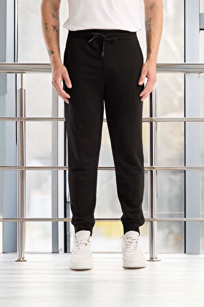 Spike Diagonal 3 İplik Manşet Paça Erkek Pantolon Eşofman Altı -Siyah