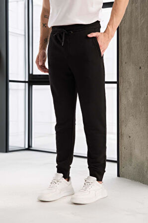 Spike Diagonal 3 İplik Manşet Paça Erkek Pantolon Eşofman Altı -Siyah