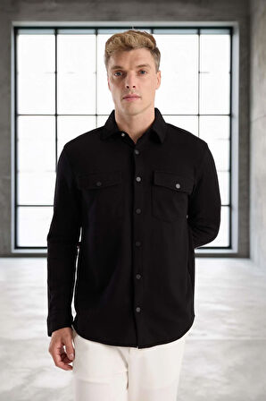 Nova Pike Kumaş Regular Kalıp Çift Cepli Erkek Gömlek - Siyah