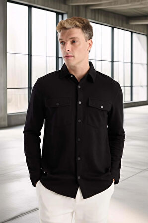 Nova Pike Kumaş Regular Kalıp Çift Cepli Erkek Gömlek - Siyah