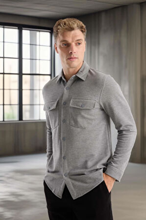 Nova Pike Kumaş Regular Kalıp Çift Cepli Erkek Gömlek - Füme