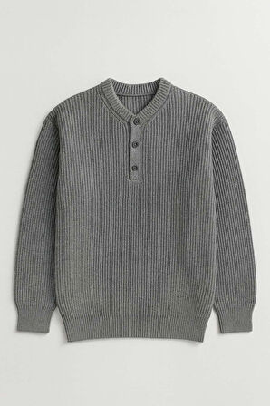 Wes Selanik Örgü 3 Düğmeli Yarım Pat Rahat Kalıp Erkek Triko Kazak - Füme